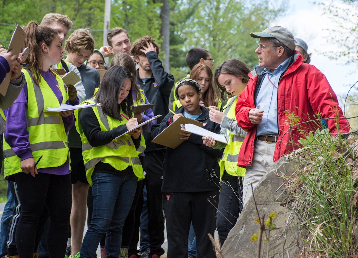 Prof. Bud Wobus (right) leading a field trip for introductory geology students in May, 2016.